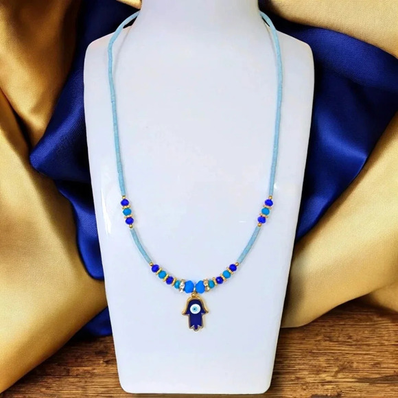 🆕️Turkish Handmade Hamsa Hand Evil Eye Necklace | Gold Plated Protection Charm - Picture 7 of 15